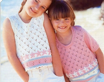 Vintage Knitting Pattern Girls Summer Tops Lazy Daisy Lacy Eyelet Design PDF Instant Digital Download Toddler and Big Girls 1 - 11 Yrs DK