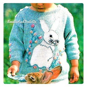 Vintage Knitting Pattern Baby Toddler Girl Bunny Rabbit Sweater PDF Instant Digital Download Easter Flowers Jumper 12m-18m