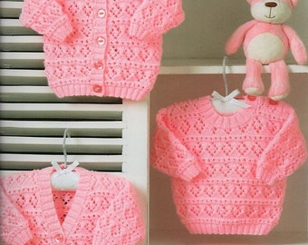 Vintage Knitting Pattern Knit Baby Cardigan & Pullover Sweaters Openwork Diamonds PDF Instant Digital Download Preemie - 2 yrs DK 8 Ply