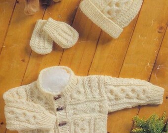 Vintage Knitting Pattern Baby Girl Boy Aran Jacket Cardigan Pompom Hat Mittens Set Easy Knit PDF Instant Digital Download 3m - 4 yrs 10 Ply