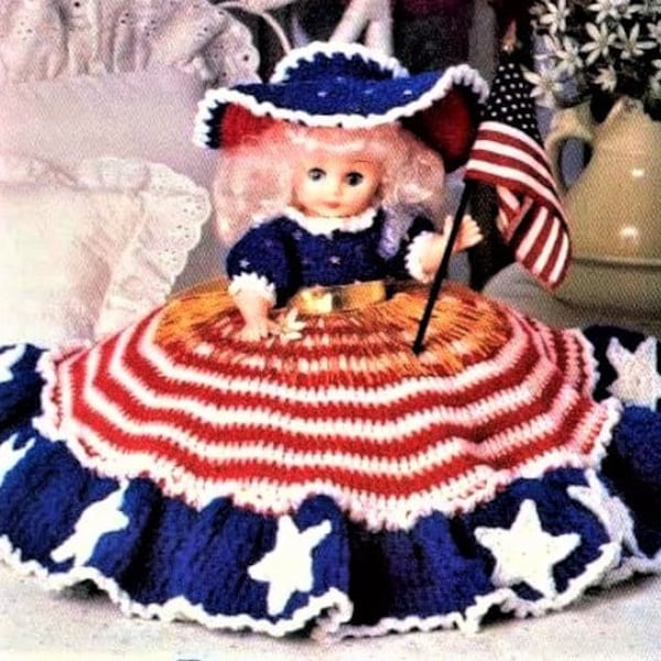 Vintage Crochet Pattern 13" Patriotic American Bed Pillow Doll Dress Hat PDF Instant Digital Download Red White Blue July 4th Doll 10 Ply