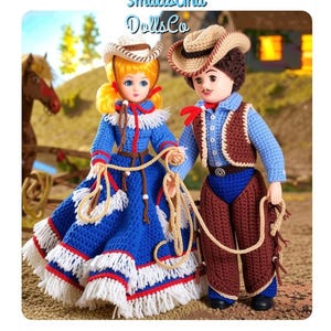 May include: Two dolls labeled SmallsAnd DollsCo, one with blonde hair in a blue dress with white fringe and a cowboy hat, the other with brown hair in a blue shirt, brown vest, and brown chaps, both holding a tan rope in a western setting.