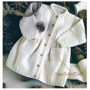 Vintage Knitting Pattern Knit Baby Girl Coat Dress PDF Instant Digital Download Embroidered Flower Detail Moss Rib Stitch 6m - 2 yrs DK
