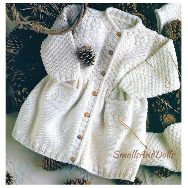 Vintage Knitting Pattern Knit Baby Girl Coat Dress PDF Instant Digital Download Embroidered Detail Moss Rib Stitch 6m - 2 yrs DK