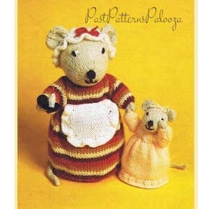 May include: Knitting pattern for two mice, a mother and a child, wearing striped and solid dresses. The pattern is titled "Past Patterns Palooza".