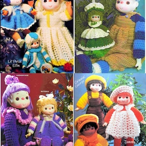 May include: Crochet doll patterns for 'Love Baby', 'Lil' Petal Elfin', 'Piper', 'Green Pine Princess', 'Valerie', 'Lavender Rose', 'Butterfly', 'Grinnin' George', 'Blossom', and 'Tammy'.