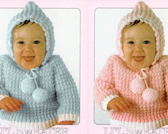 Vintage Crochet Pattern Baby Hoodie Hooded Puff Stitch Pullover Sweater PDF Instant Digital Download 6-9m 12m 24m