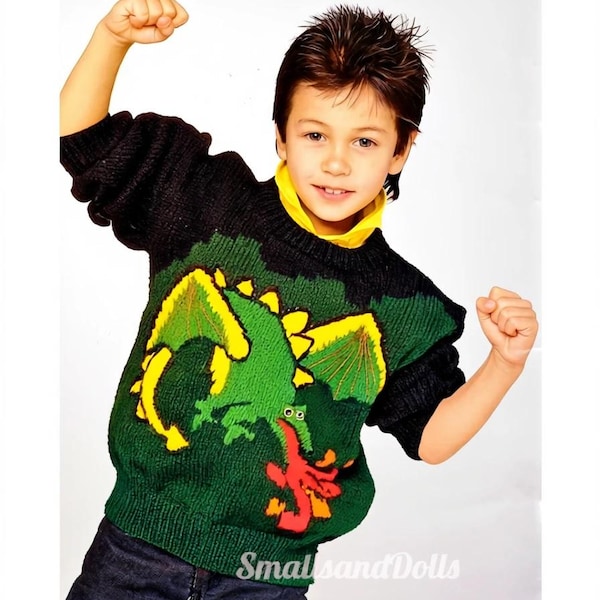 Vintage Knitting Pattern Childs Boys Dragon Sweater PDF Instant Digital Download Fantasy Animal Motif Pullover Jumper 4-12 years 10 Ply