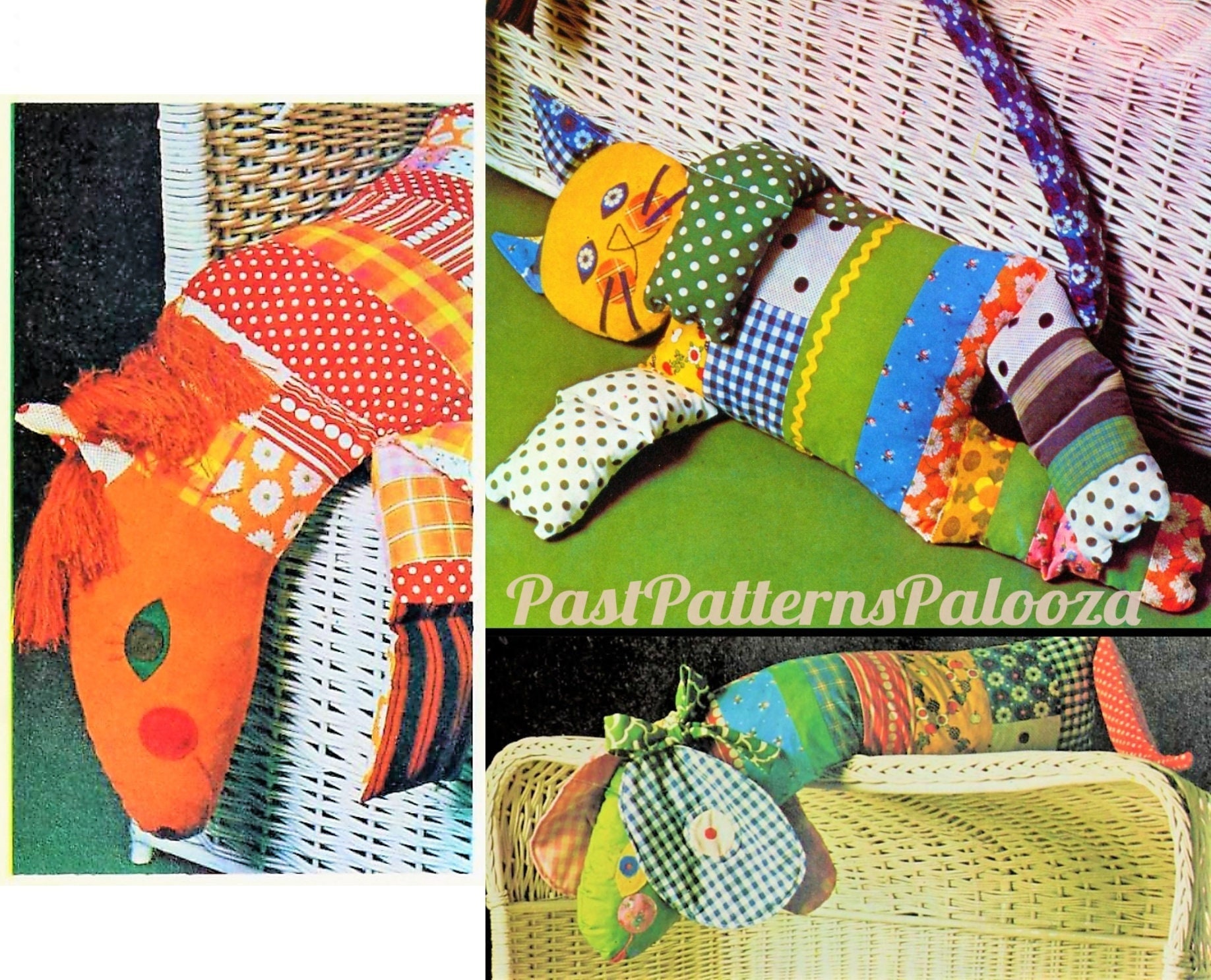 Vintage Sewing Pattern Jumbo Patchwork Animals Kitty Cat Dog Horse Pony PDF Instant Digital Download Funky Boho Mod Stuffed Soft Toys 1970s
