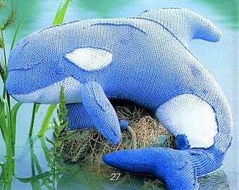 Vintage Knitting Pattern Large Blue Dolphin Orca Whale Stuffed Soft Toy PDF Instant Digital Download Knitted Plush Marine Animal 8 Ply