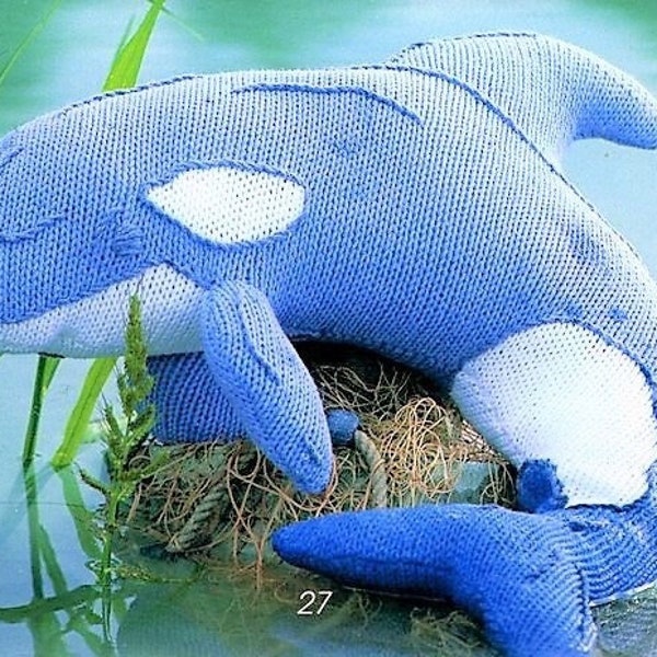 Vintage Knitting Pattern Large Blue Dolphin Orca Whale Stuffed Soft Toy PDF Instant Digital Download Knitted Plush Marine Animal 8 Ply