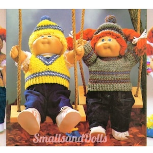 Vintage Crochet Patterns Doll Sweater Vest Hat Sets for 15 16 18 Inch Soft Sculpture Cabbage Patch Kids PDF Instant Digital Download 5 Ply