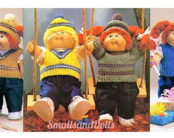 Vintage Crochet Patterns Doll Sweater Vest Hat Sets for 15 16 18 Inch Soft Sculpture Cabbage Patch Kids PDF Instant Digital Download 5 Ply