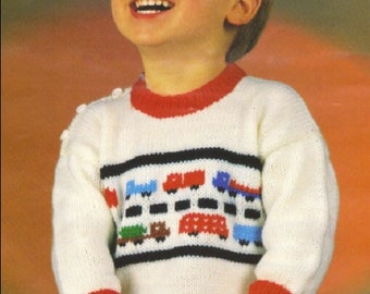 Vintage Knitting Pattern Toddler Boys Knit Vehicles Pullover Sweater Cars Trucks Traffic PDF Instant Digital Download 18m - 4 yrs DK 8 Ply