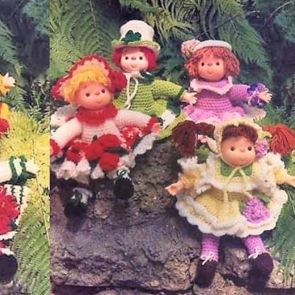 Vintage Crochet Patterns The Flower Girls Yarn Head Dolls PDF Instant Digital Download 12 Floral Craft Doll Designs Retro 1980s 4 Ply Mitzy