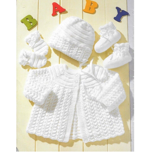 Vintage Knitting Pattern Knit Baby 4 Pc Classic Set Matinee Jacket Coat Hat Mittens Booties PDF Instant Digital Download Preemie - 18m 8 Ply