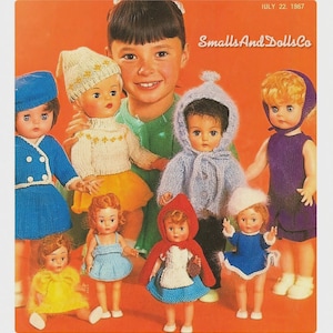 May include: A collection of eight dolls wearing various knitted outfits, including hats, sweaters, and dresses in blue, yellow, red, and purple. The text SmallsAndDollsCo and IULY 22. 1967 is printed in the upper right corner against an orange background.