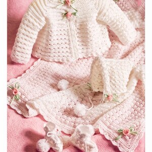 Vintage Crochet Pattern Baby Girls Little Cherub Ribbons Roses Layette PDF Instant Digital Download Sweater Bonnet Booties Afghan 3-6m 4 Ply