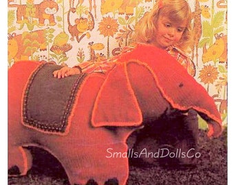 Patrón de tejido vintage para elefante de peluche gigante de 53 cm (21 pulgadas). Descarga digital instantánea en PDF. Modelo amigurumi de animal de 10 capas.