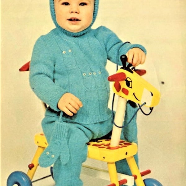 Vintage Knitting Pattern Knit Baby Boy Owl Snowsuit Playsuit Hooded Sweater Top Pants Set PDF Instant Digital Download 1-3 yrs 5 Ply 1971