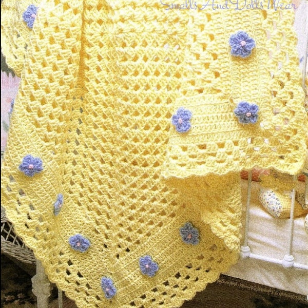 Vintage motif au crochet, grande couverture afghane carrée pour bébé PDF en téléchargement numérique instantané, bordure fleurie carrée grand-mère, housse de lit de bébé 10 épaisseurs