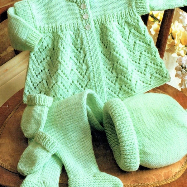 Vintage Knitting Pattern Baby Girl 4 Pc Coat Leggings Hat Mitts Set PDF Instant Digital Download 6-18m DK 8 Ply