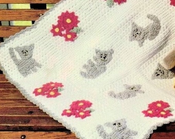 Vintage Häkelanleitung Katzen und Blumen Baby Decke Afghan PDF sofort digital Download Krippe Kinderbett Abdeckung Applikation Kätzchen 30x39 10 lagig