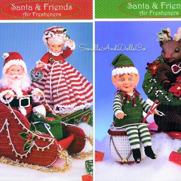 Vintage Crochet Pattern Christmas Sleigh and Air Freshener Dolls Mr & Mrs Santa Claus Elf Reindeer PDF Instant Digital Download