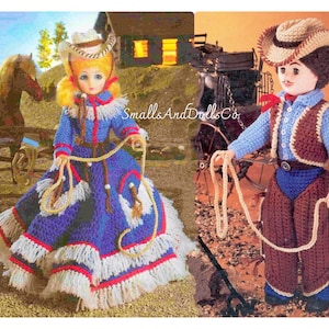 Vintage Crochet Patterns Cowboy & Cowgirl Outfits for 15&quot; 16&quot; Dolls PDF Instant Digital Download Western Dress Chaps Hats