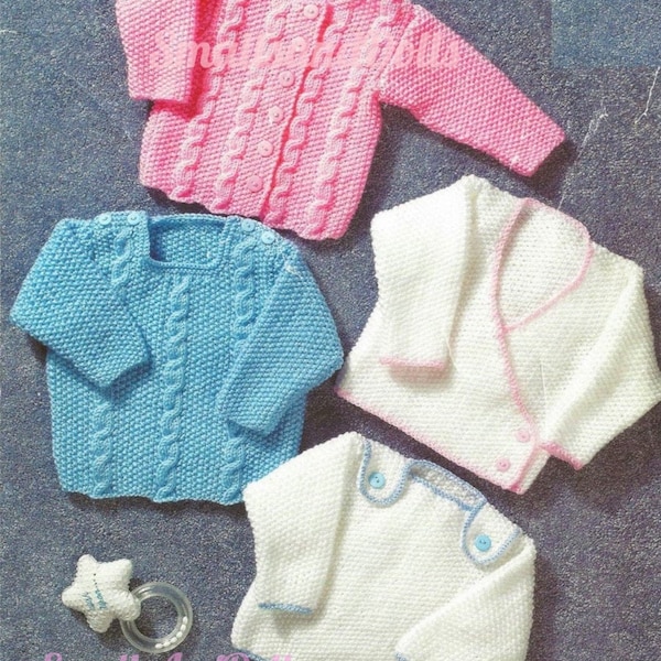 Vintage Knitting Pattern Plain & Cabled Aran Baby Sweaters 4 Styles Moss Stitch PDF Instant Digital Download Cardigan Crossover 0-4 yrs