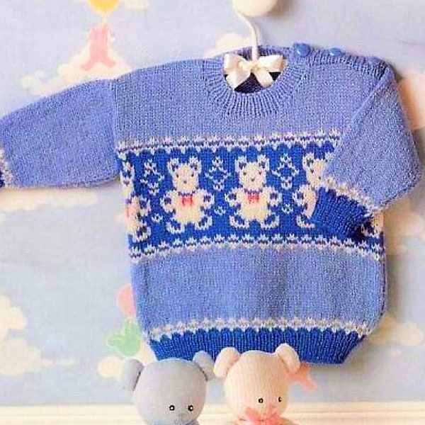 Vintage Knitting Pattern Baby Boy to Toddler Knit Fair Isle Teddy Bears Motif Sweater Jumper PDF Instant Digital Download 0-2 yrs 5 Ply