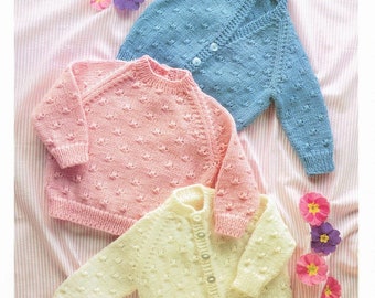 Vintage Knitting Pattern Textured Baby Raglan Sweaters Pullover and Cardigans PDF Instant Digital Download 0-18m DK 8 Ply