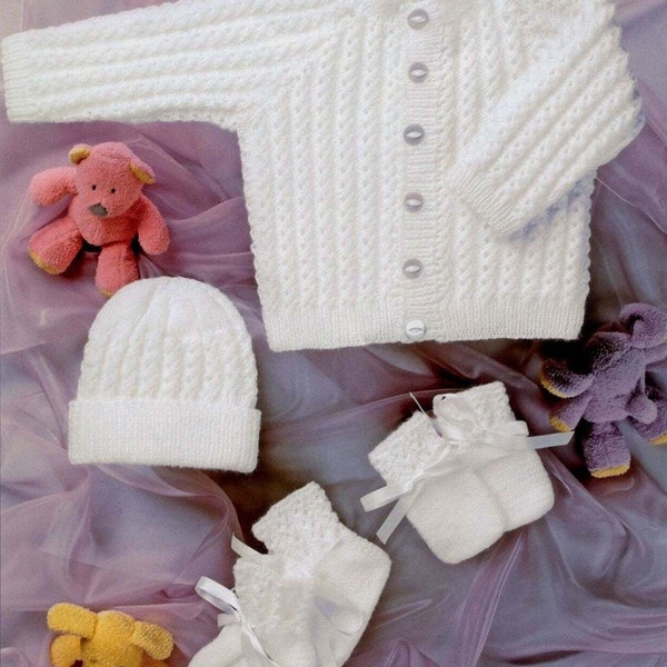 Vintage Knitting Pattern Baby Girl Boy Jacket Cardigan Hat Mittens Booties Set Easy Knit PDF Instant Digital Download Preemie - 2 yrs 4 Ply