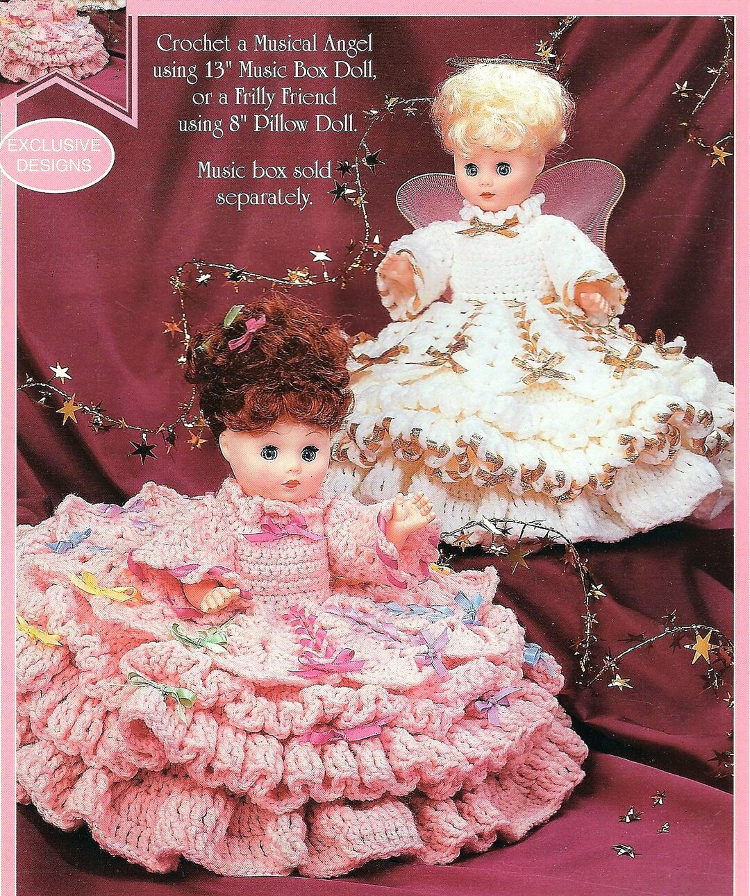 Vintage Crochet Pattern Angel and Ribbon Dress Bed Doll Music Box or ...