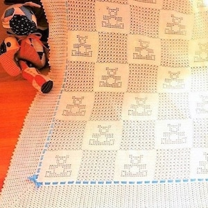 Vintage Filet Crochet Pattern Baby Bear Blocks and Bows Blanket Afghan PDF Instant Digital Download Teddy Bears Motif Cotton Thread