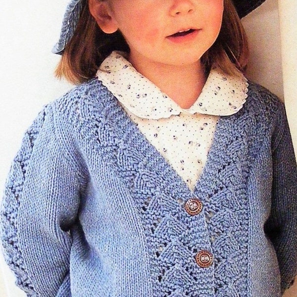 Vintage Knitting Pattern Toddler to Big Girl Cardigan Sweater Lacy Triangles Flying Geese Border PDF Instant Digital Download 18m-10 yrs DK
