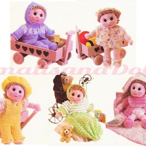 Vintage Crochet Pattern 15" Girl Baby Doll and Clothing Soft Sculpture Dolly Amigurumi 5 Outfits PDF Instant Digital Download 10 Ply