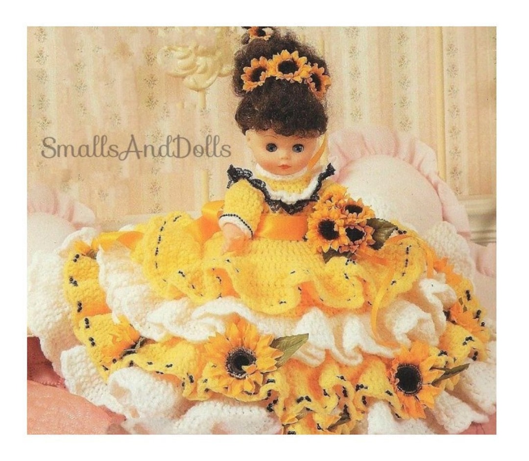 Vintage Crochet Pattern Sunflowers Pillow Doll Bed Doll Flower Dress