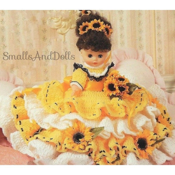 Vintage Crochet Pattern Sunflowers Pillow Doll Bed Doll Flower Dress Outfit For 8" Pillow or 13" Standing Dolls PDF Instant Digital Download