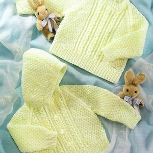 Vintage Knitting Pattern Baby Cable Panel Sweater Hooded Cardigan Jacket PDF Instant Digital Download Moss Stitch 0 - 2 yrs DK 8 Ply