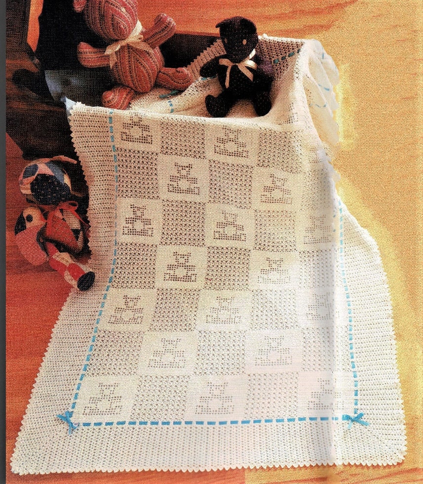Vintage Filet Crochet Pattern Baby Bear Blocks and Bows Blanket Afghan ...