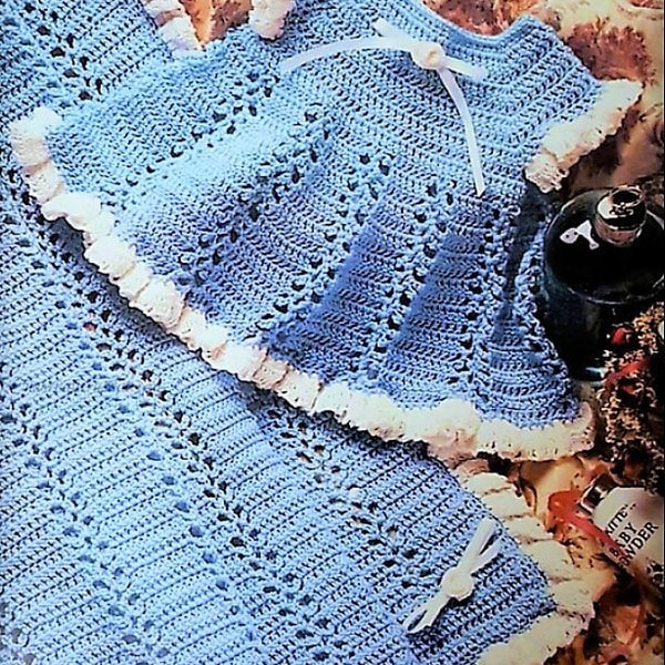 Vintage Crochet Pattern Baby Girl Eyelet Lace Ruffle Dress and Afghan Blanket PDF Instant Digital Download 6m-18m 5 Ply