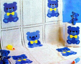 Vintage Crochet Pattern Baby Bears Bowties Crib Afghan & Pillow Set PDF Instant Digital Download Nursery Blanket Teddy Bear Motif 4 Ply
