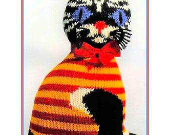 Vintage Knitting Pattern 15" Victorian Tapestry Kitty Cat Soft Plush Toy or Cushion Pillow PDF Instant Digital Download Chunky 12 Ply