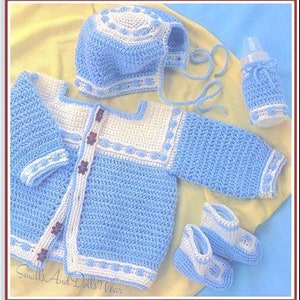 Vintage Crochet Pattern Baby Blueberry Cluster Stitch Cardigan Sweater Bonnet Booties Bottle Cover Set PDF Instant Digital Download 5 Ply
