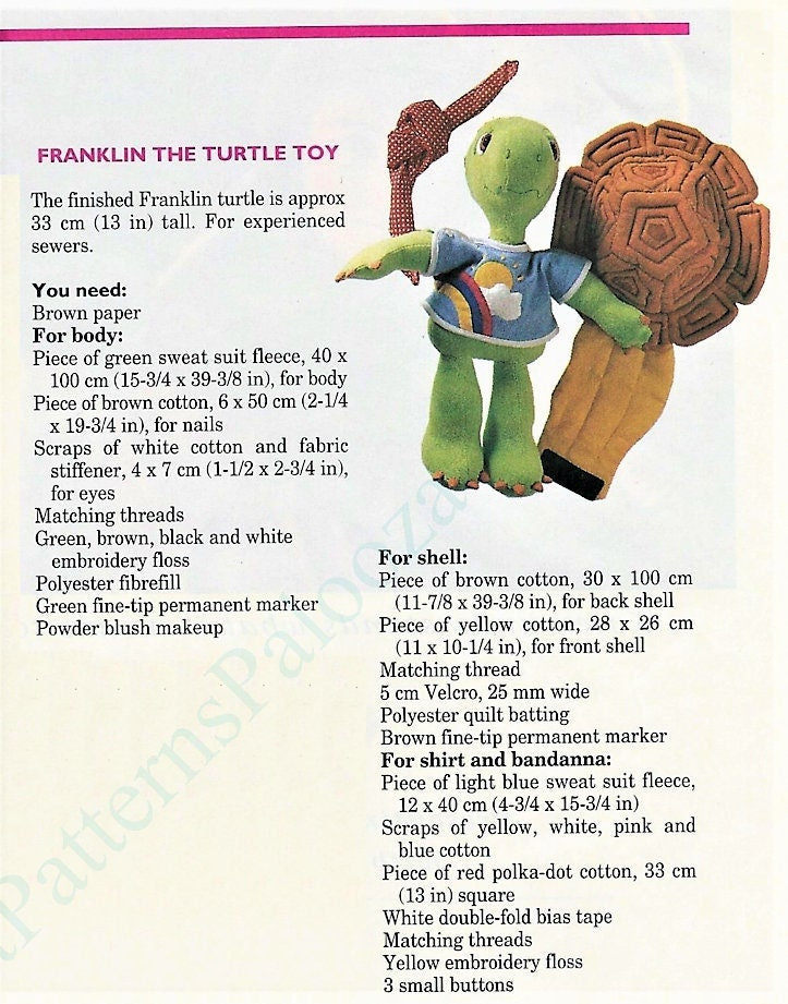 Vintage Sewing Pattern 13" Franklin the Turtle Doll PDF Instant Digital ...