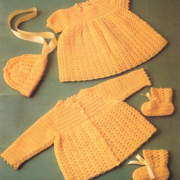 Vintage Crochet Pattern Baby Girl 4 Piece Shell Stitch Layette Set PDF Instant Digital Download Matinee Coat Dress Bonnet Booties 0-9m 4 Ply
