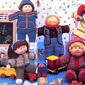 May include: A collection of knitted doll clothes for Cabbage Patch Kids dolls. The clothes are in various colors and styles, including a blue jacket, a yellow dress, and a red sweater. The dolls are not included.