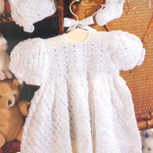 Vintage Crochet Pattern Baby Girl Soft 2 Ply Lace Dress Bonnet and Booties Set PDF Instant Digital Download Cap Sleeves 0-12m Christening