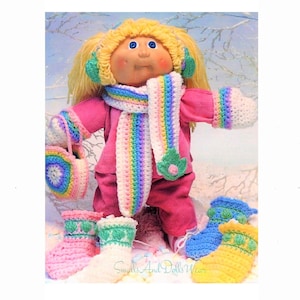 Vintage Crochet Pattern 16&quot; Soft Sculpture Doll Winter Rainbow 5 Piece Accessories Set PDF Instant Digital Download Cabbage Patch Kids 4 Ply